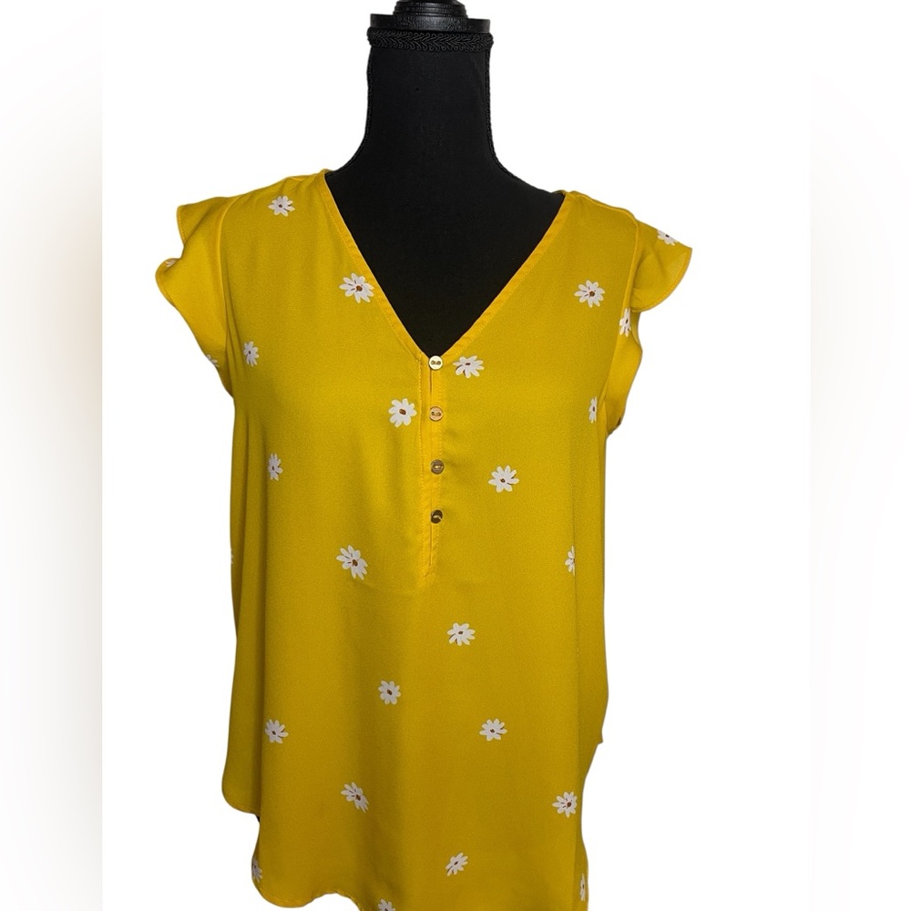 LOFT Sunflower Yellow Blouse with White Floral Design